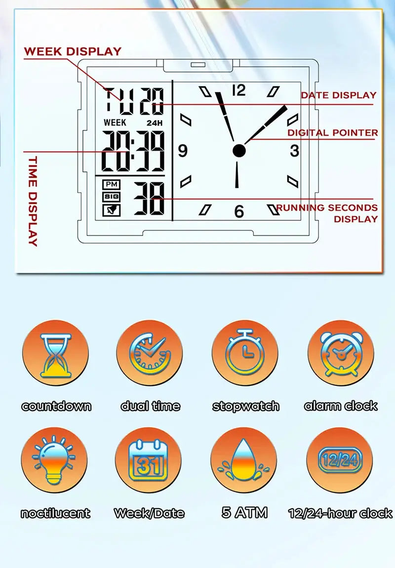 SANDA 6273 square dual-time wristwatch with digital and analog displays, waterproof, countdown timer and world time