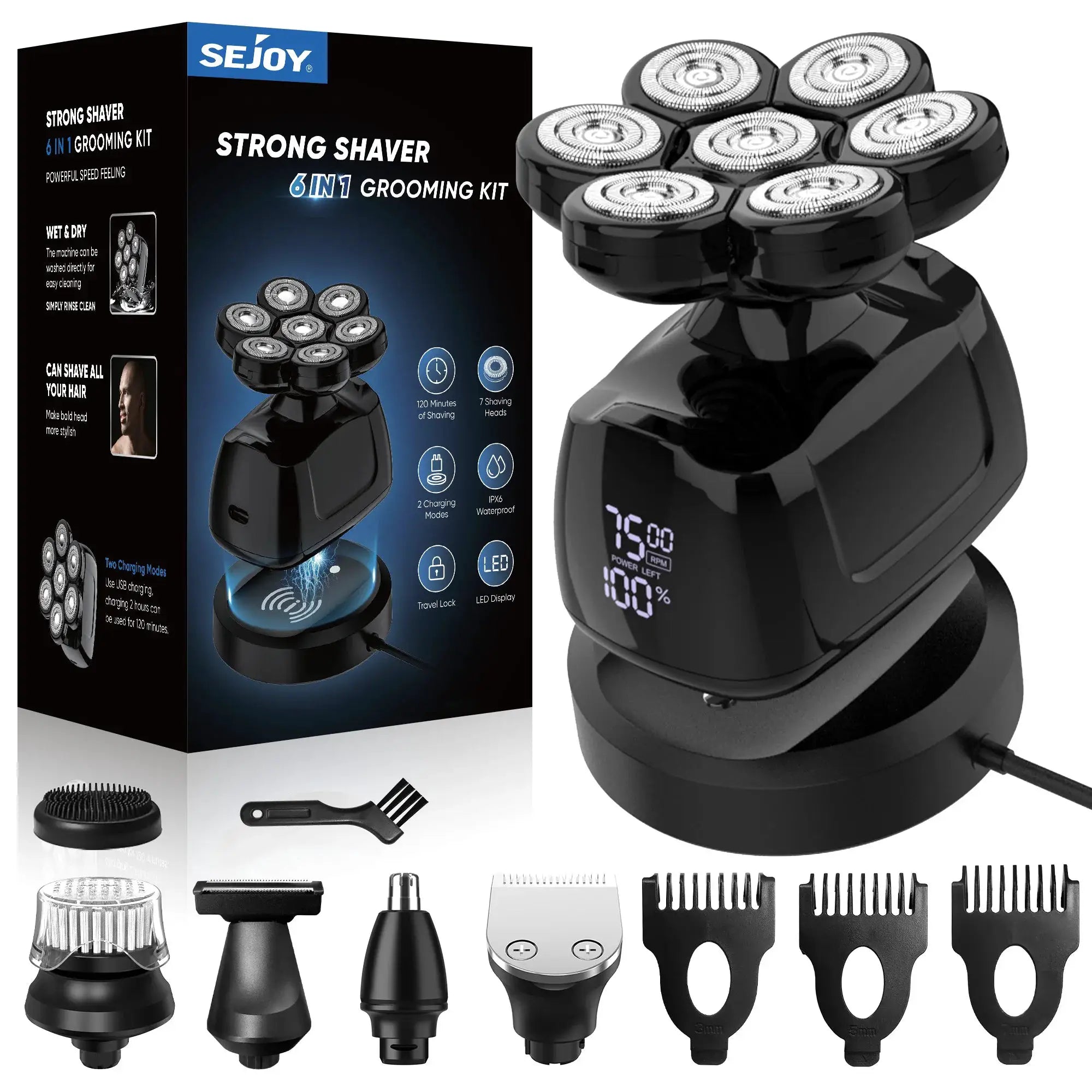 SEJOY 6-in-1 grooming kit electric shaver with 7D heads, waterproof and nose trimmer
