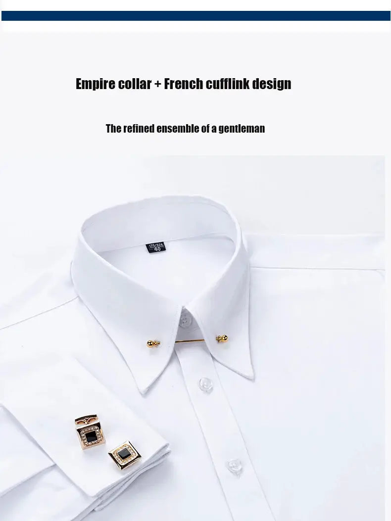 Simples Market white dress shirt with gold collar pins and cufflinks