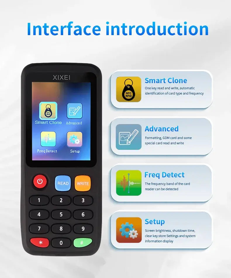 New RFID Smart Card Reader X7 handheld device, black with blue and orange buttons and a numeric keypad