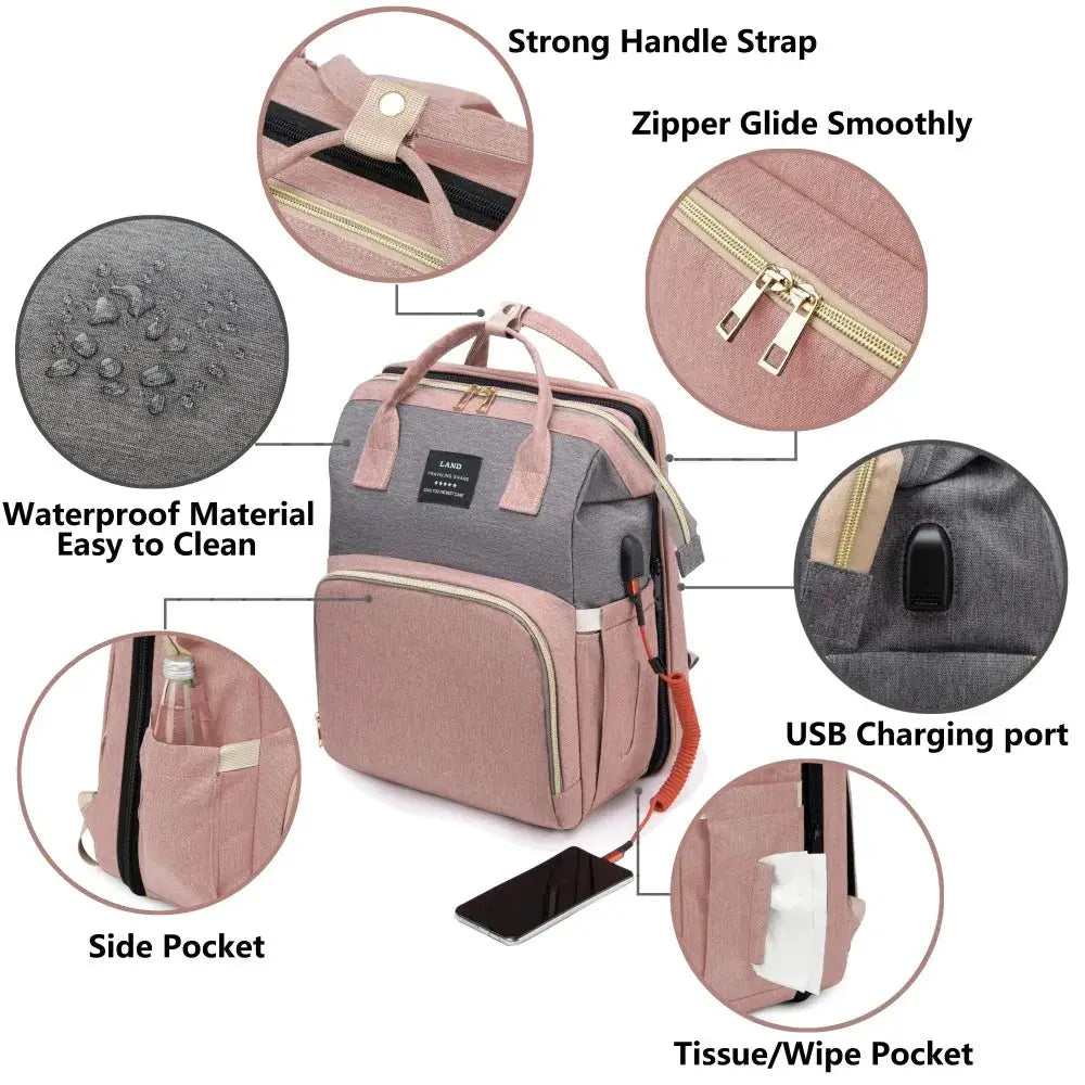Mommy Bag Backpack With Portable Folding Crib And Large Capacity Diaper Bag For Travel And Outings