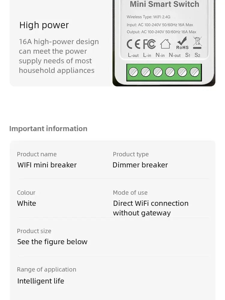 Simples Market WiFi mini smart switch, white with green terminal block, 16A high‑power design