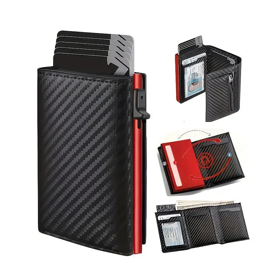 Unisex Minimalist Zipper Wallet With Coin Purse And Automatic Pop Up Metal Card Holder RFID Blocking