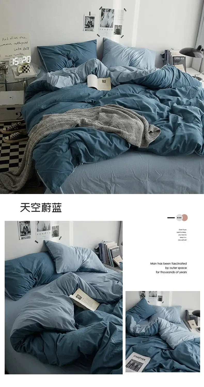Solid sky-blue cotton bedding 4-piece duvet set for student dormitory by Simples Market