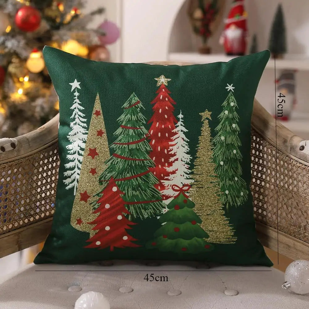 Christmas pillow cover 45x45cm by Simples Market; green woven cushion with glitter Christmas trees