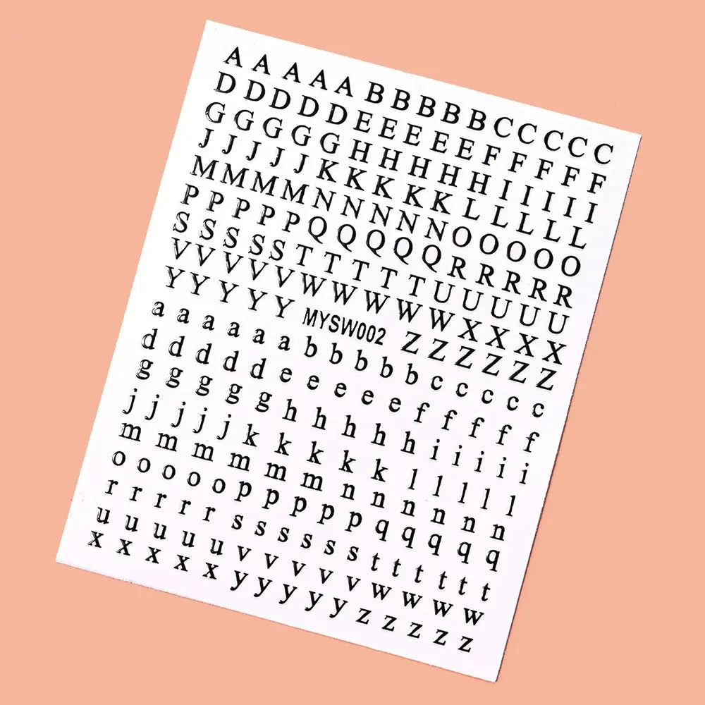 3D alphabet nail sticker sheet with black English letters (uppercase and lowercase) for manicure, self-adhesive 8x10 cm
