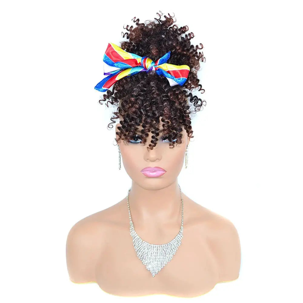 Afro puff updo wig with bangs, black kinky curly synthetic hair, rainbow scarf bow