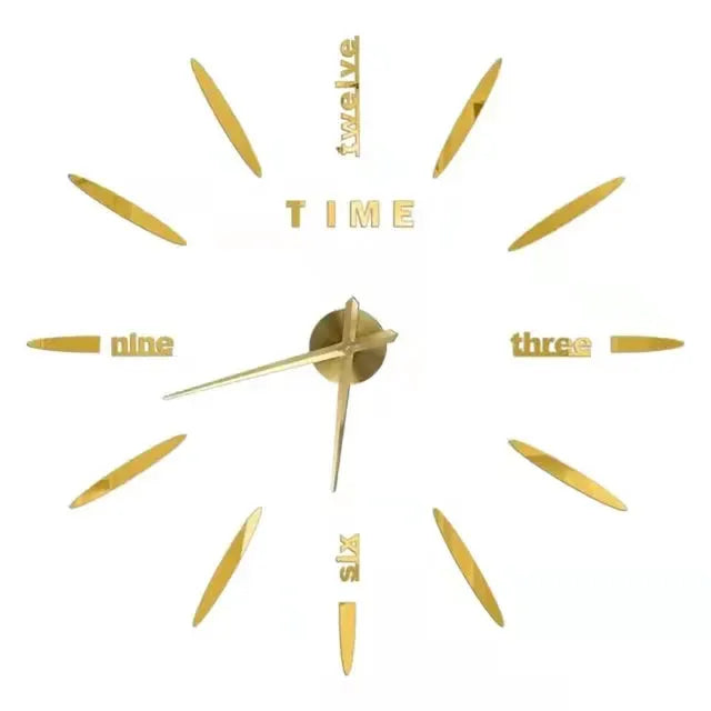 Wall clock, large gold with 3D acrylic mirror markers and quartz hands for living room decor.