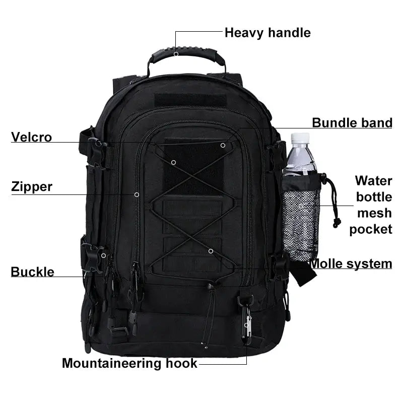 Tactical backpack by Simples Market, black 40/65L with MOLLE system and water bottle pocket
