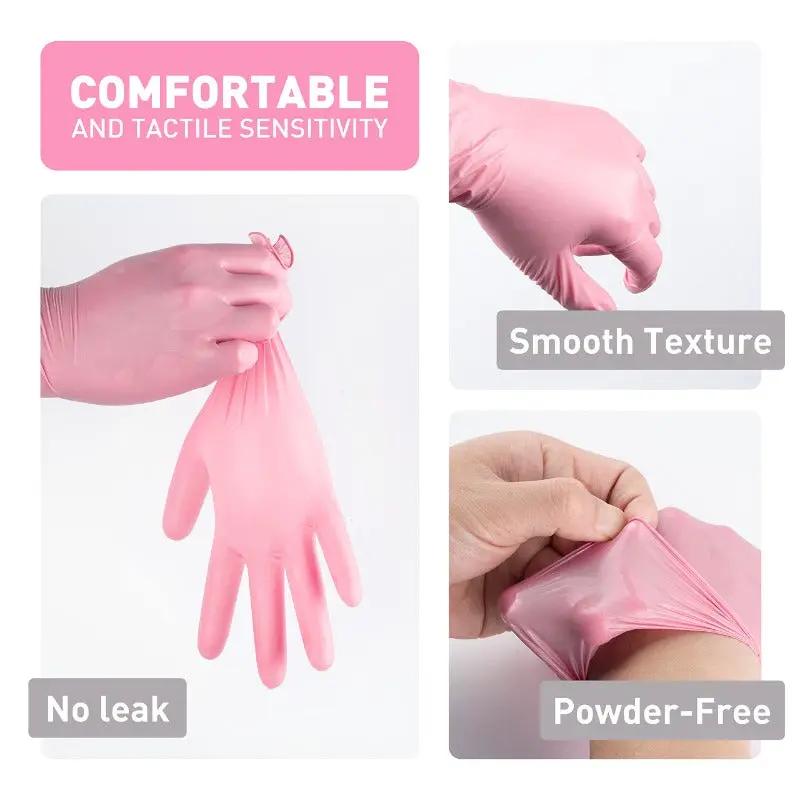 Disposable nitrile gloves; light pink, powder-free with a smooth texture for kitchen use
