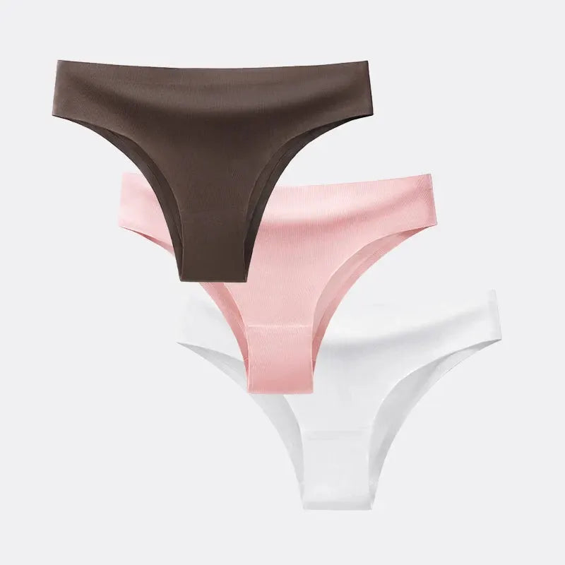 3-pack women's seamless T-back thong underwear in brown, pink, and white ice-silk fabric