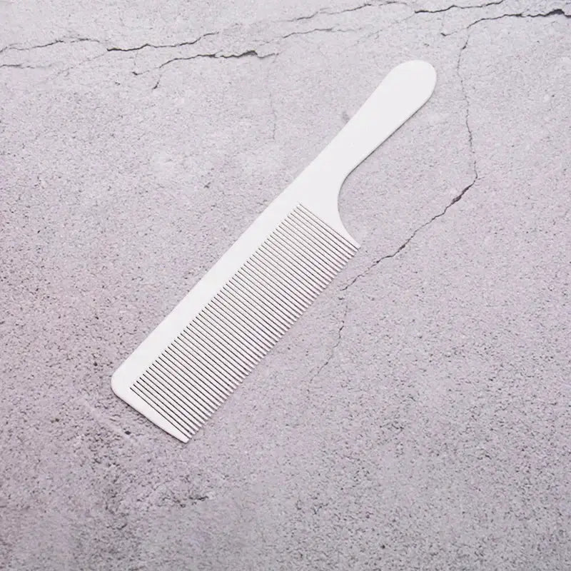 Professional anti-static flat-head haircut comb with fine teeth, white plastic barber tool