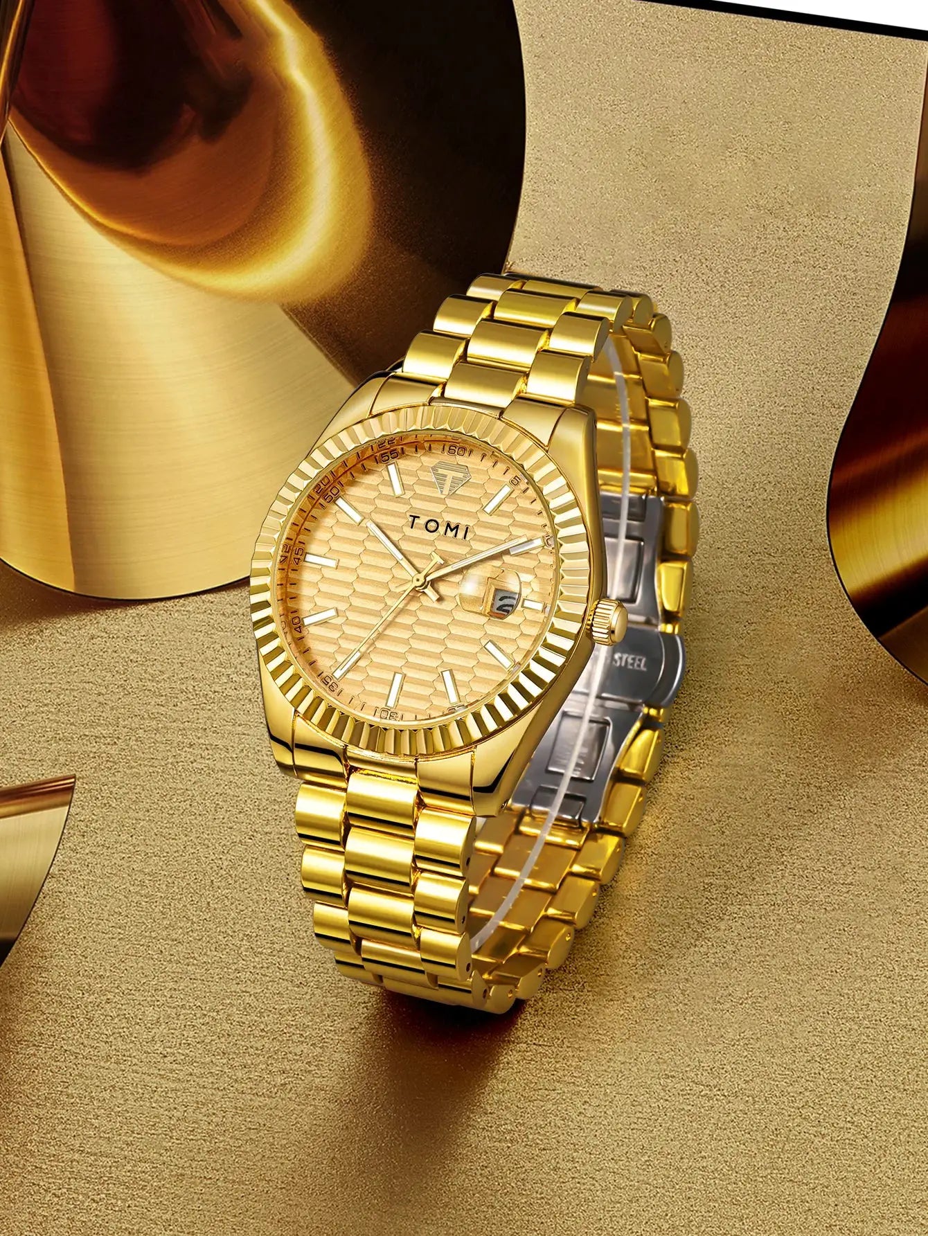 TOMI gold-tone men's quartz watch with stainless steel bracelet and date window