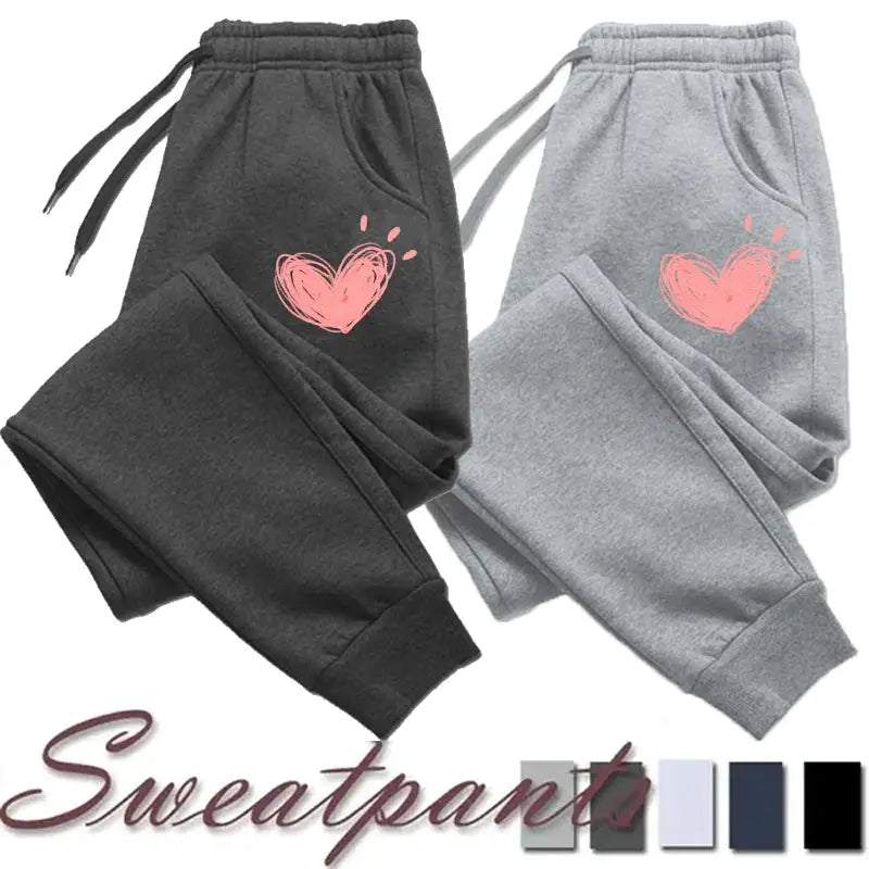 CozyWear Women Heart Print Fleece Lined Sweatpants Slim Fit Joggers For Autumn Winter