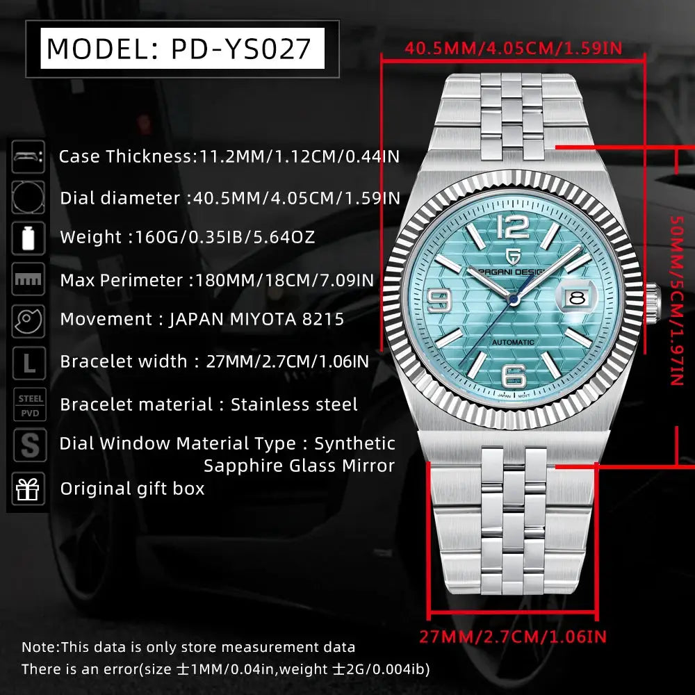 PAGANI DESIGN PD-YS027 automatic watch with turquoise dial and stainless steel bracelet