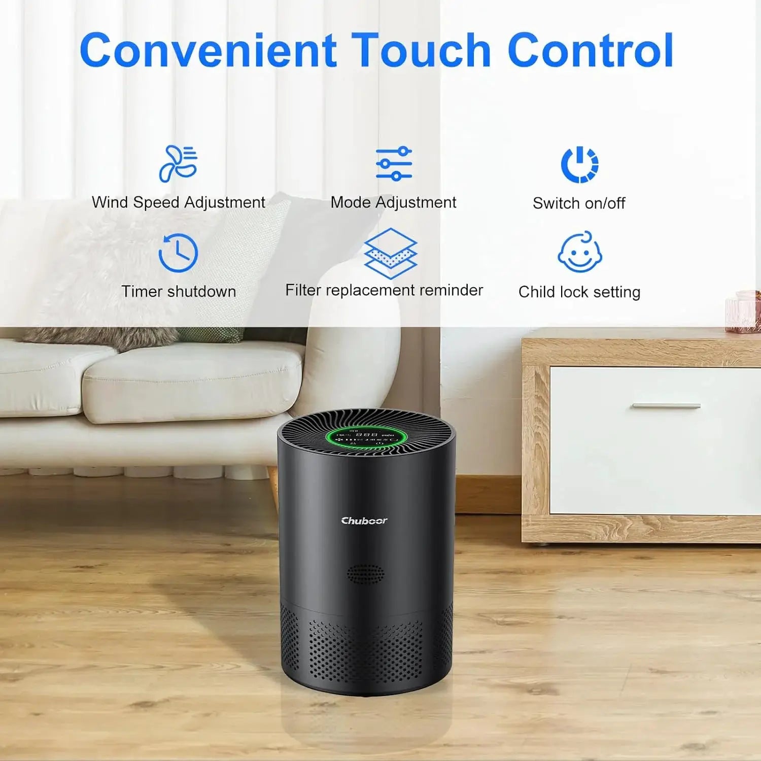 Chuboor black air purifier with H13 True HEPA, Simples Market, Tuya app compatible for up to 40 m²