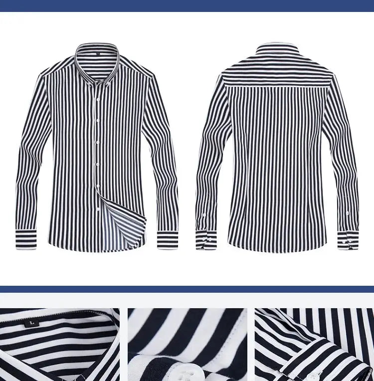 Men's striped long-sleeve shirt by Simples Market, black and white vertical stripes, slim fit
