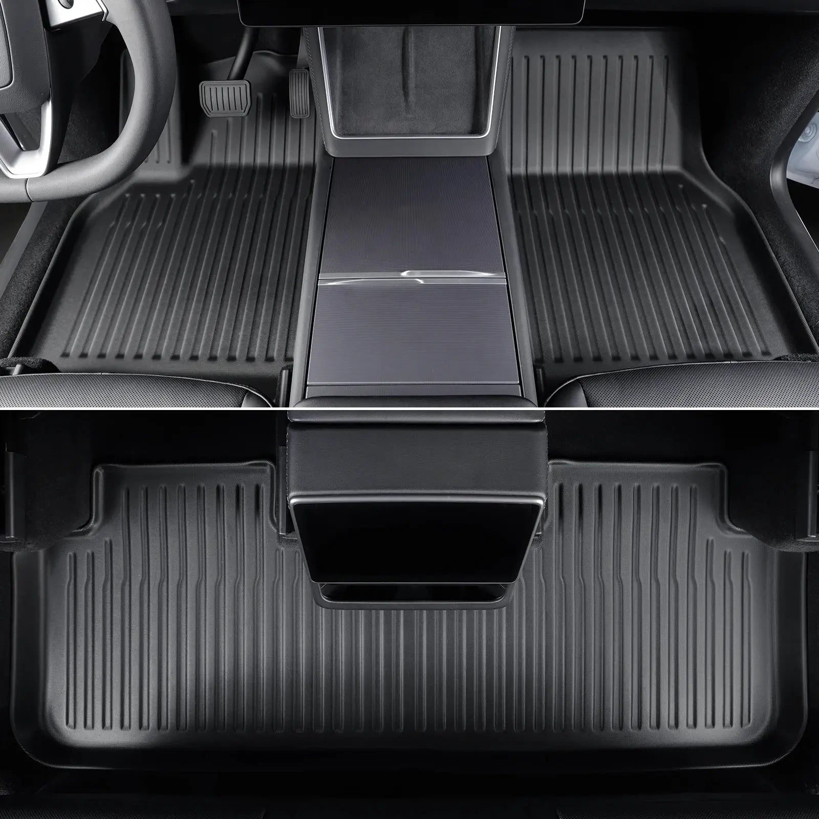 LUCKEASY Tesla Model Y floor mats in black TPE with door sill protection, full set