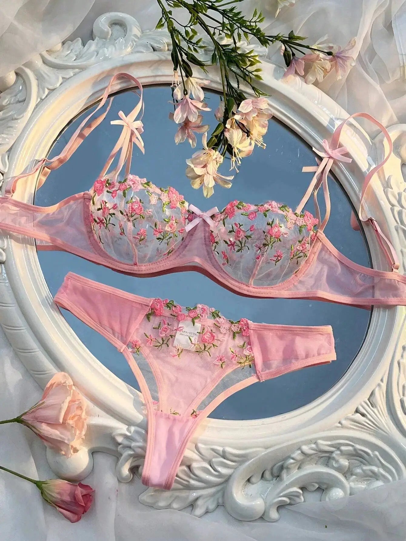 LaceLuxe Sheer Floral Lace Bra And Panty Set Wire Free Half Cup Push Up Comfort Fit