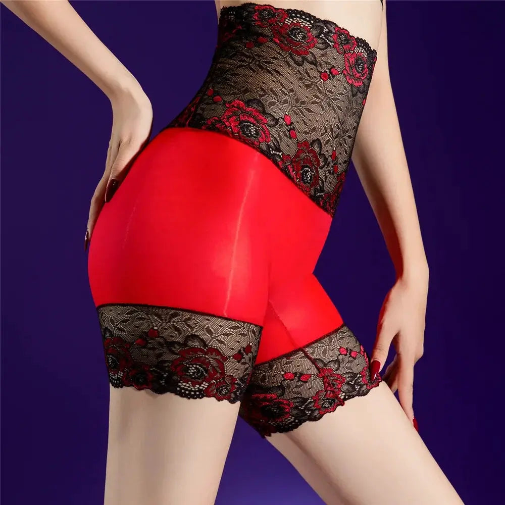 Simples Market red glossy high-waist lace panties with black lace trim, women's boyshorts.