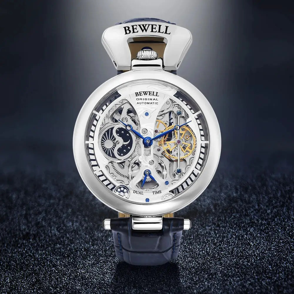Bewell skeleton automatic watch with stainless steel case, transparent back, blue hands, navy genuine leather strap