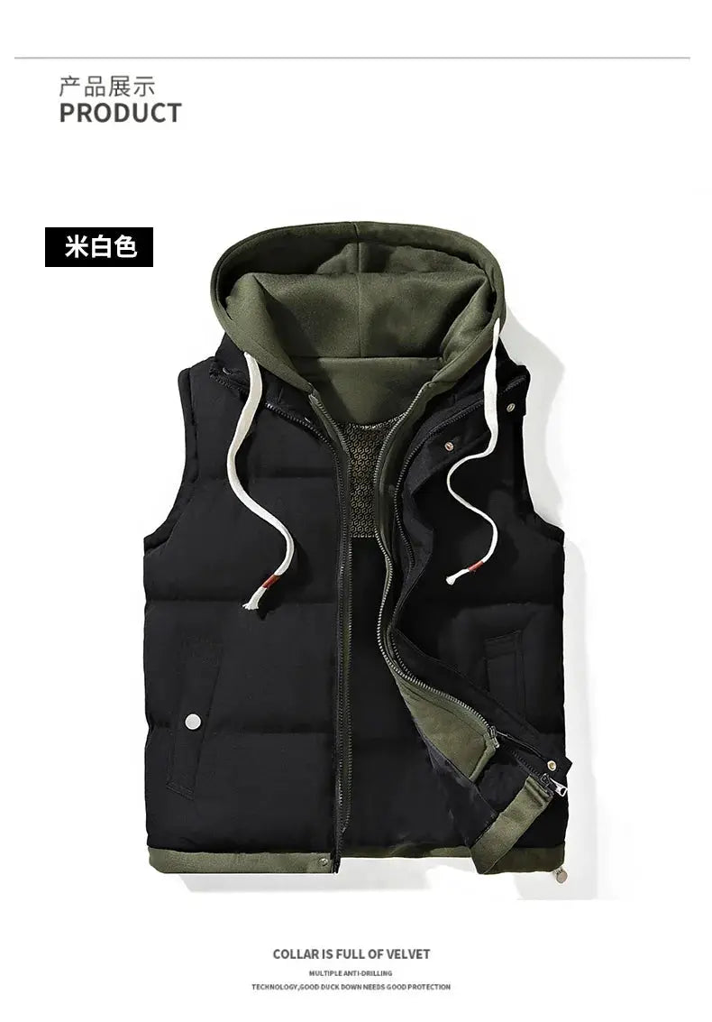 Korean fashion hooded vest; black padded body with olive-green hood, white drawstrings, front zipper