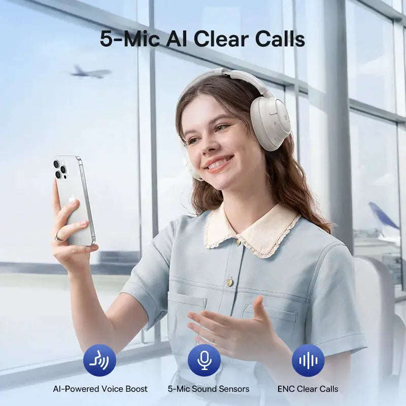 Baseus Bass EH10 NC wireless over-ear headphones in white worn by a woman, 5-mic AI clear calls.