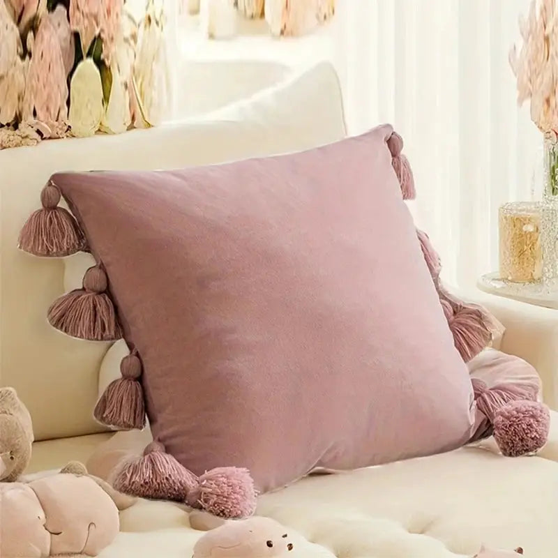 Throw pillow cover pink with tassels, Boho decorative cushion case for couch