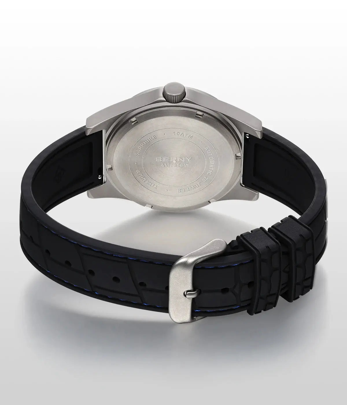 BERNY titanium automatic men's watch with black rubber strap and blue stitching; 10ATM water resistance, sapphire crystal