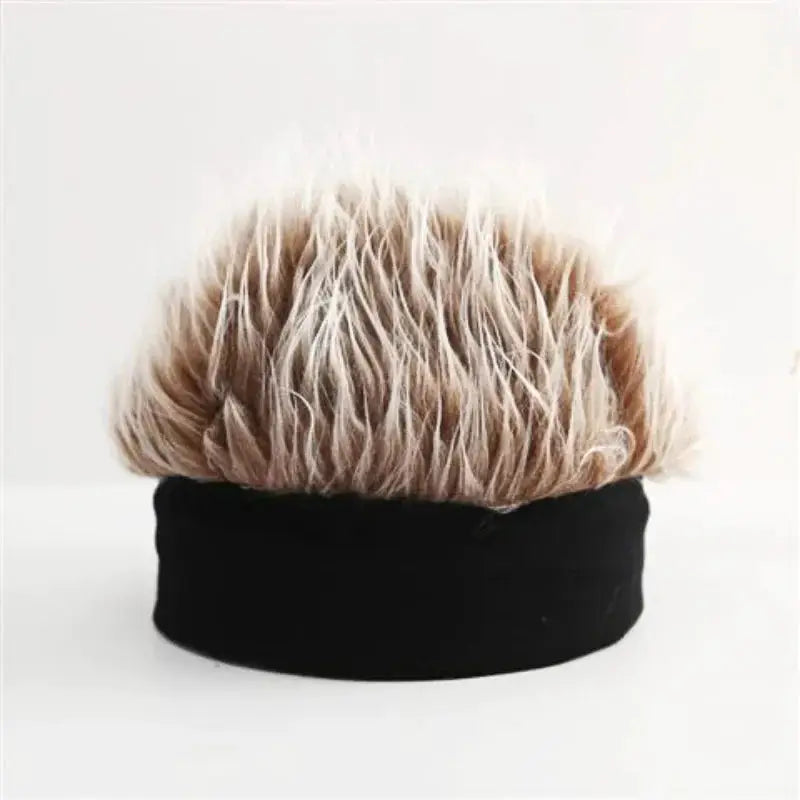 Hip-hop style decorative wig cap with black knitted band and tan faux fur top