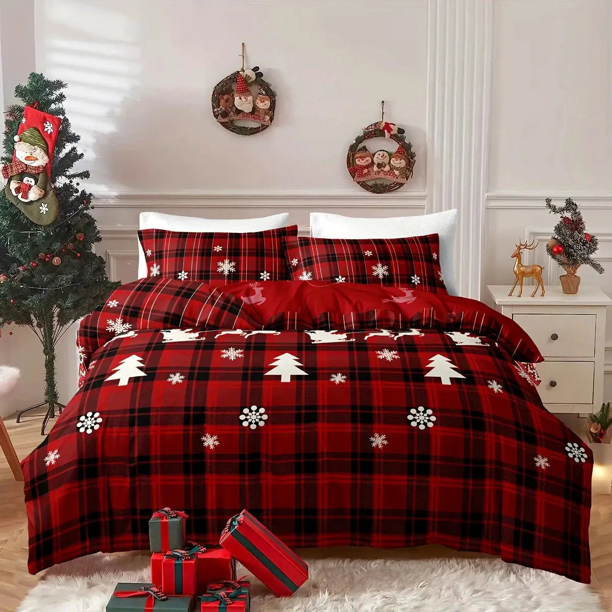 3-Piece Christmas Duvet Cover Set in red plaid with snowflakes and elk motif; soft, breathable, hypoallergenic fabric.