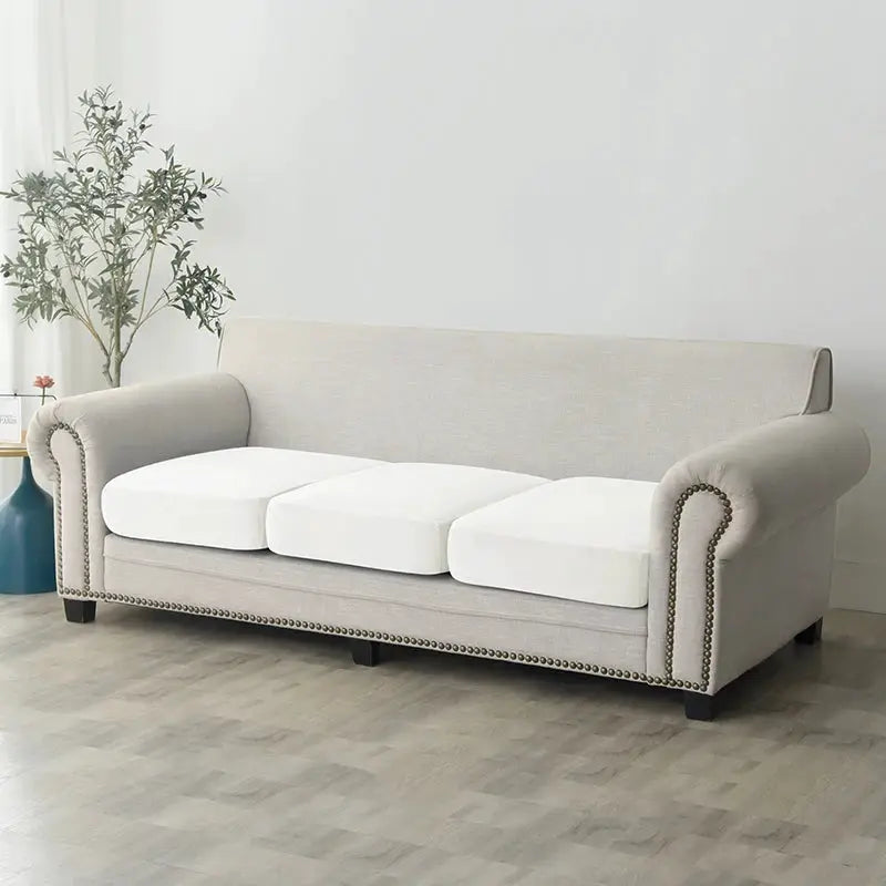 Beige plush sofa slipcover with anti-slip elastic for living room protection