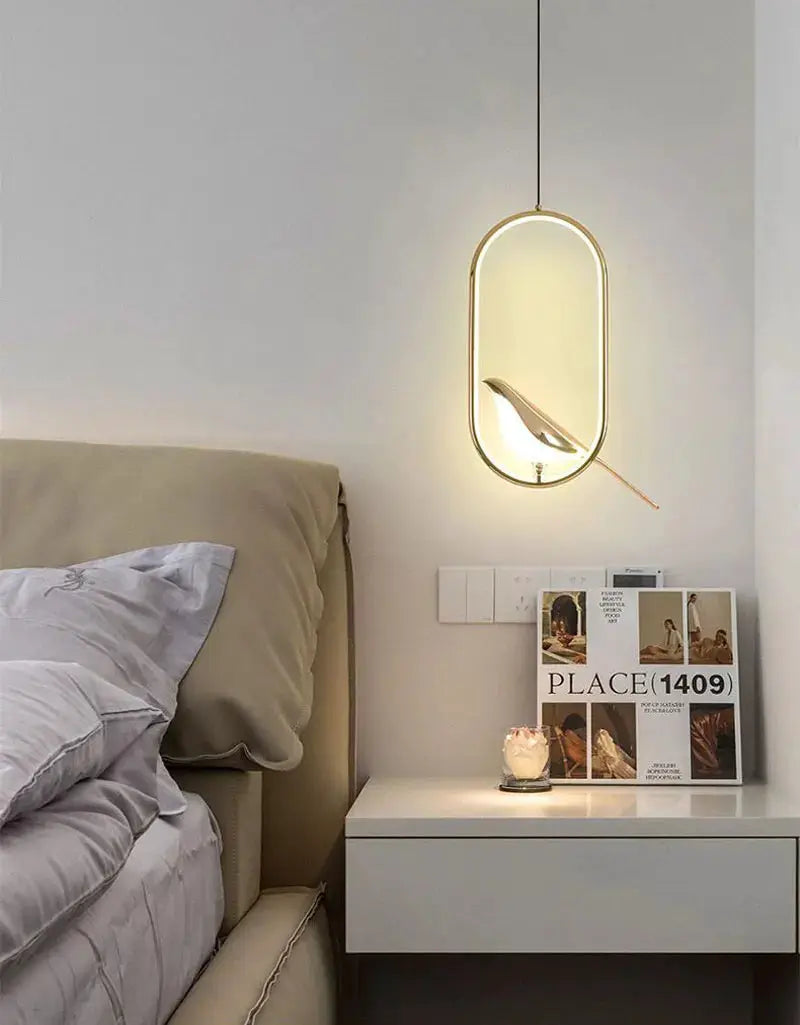 Rotatable Magpie Bird LED Pendant Light, gold-silver metal frame, bedside hanging chandelier.
