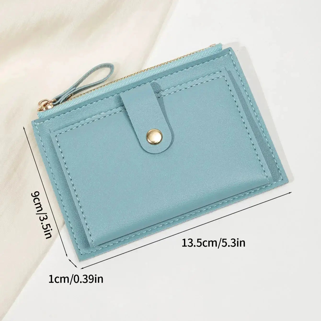 Simples Market minimalist light-blue PU leather card wallet with snap strap and top zipper