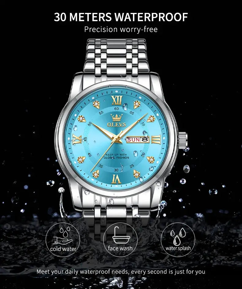 OLEVS men's quartz wristwatch with blue dial, diamond markers, dual calendar, stainless steel bracelet, 30m waterproof