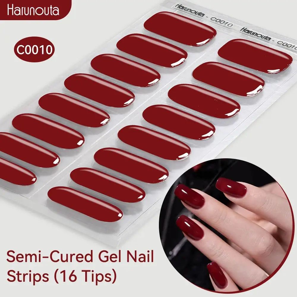 Semi-Cured Gel Nail Strips, 16 burgundy red glossy stickers with Harunouta packaging