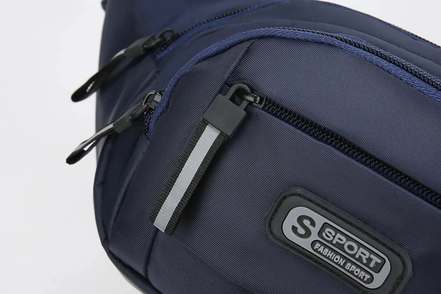 Men's navy large-capacity fitness waist pack with dual zippers and a gray logo patch