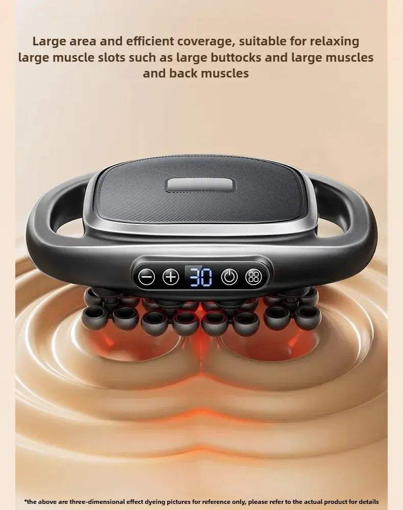32-head massage gun by Simples Market, wireless black device with red-light glow and digital display