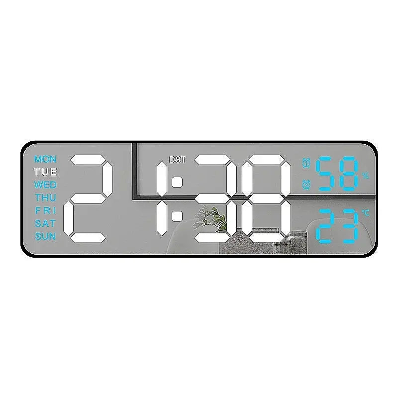 9-Inch large digital wall clock, USB powered with week display, humidity 58%, temp 23°C, DST, 12/24h LED alarm