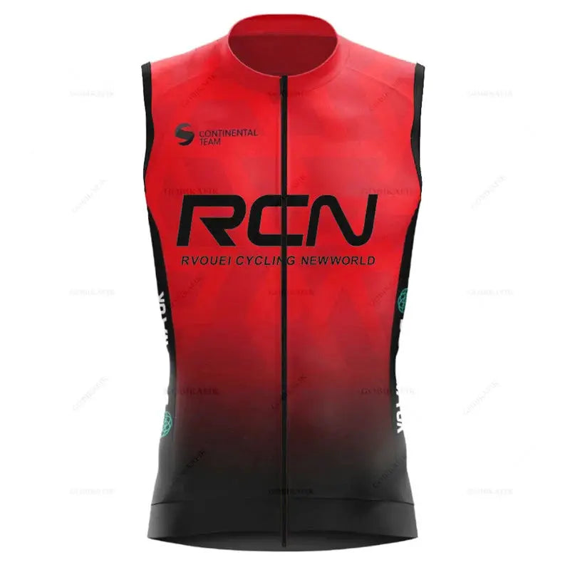 RCN cycling vest in red to black gradient; sleeveless, windproof, full-zip, lightweight breathable