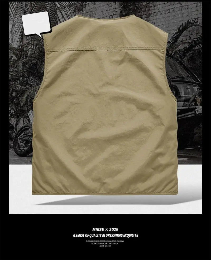 Men's tan sleeveless vest by Simples Market, solid thin waistcoat for outdoorwear.