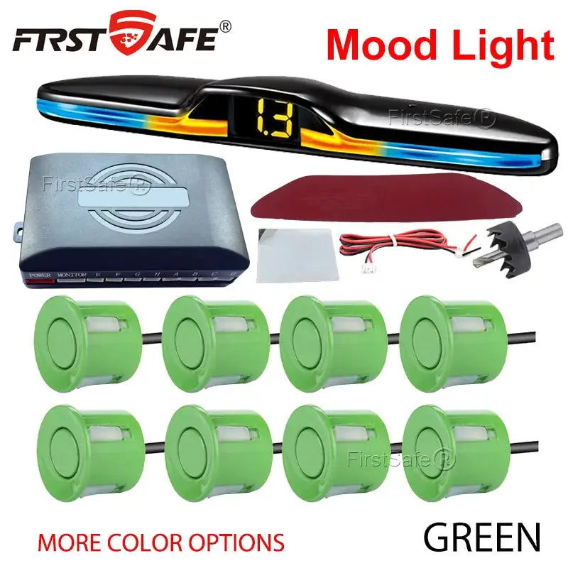 FirstSafe parking sensor kit by Simples Market with mood-light display and backup monitor; includes eight green sensors.