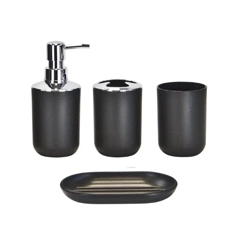 Simples Market black matte bathroom set with chrome pump dispenser, toothbrush holder, tumbler and soap dish (4pc)