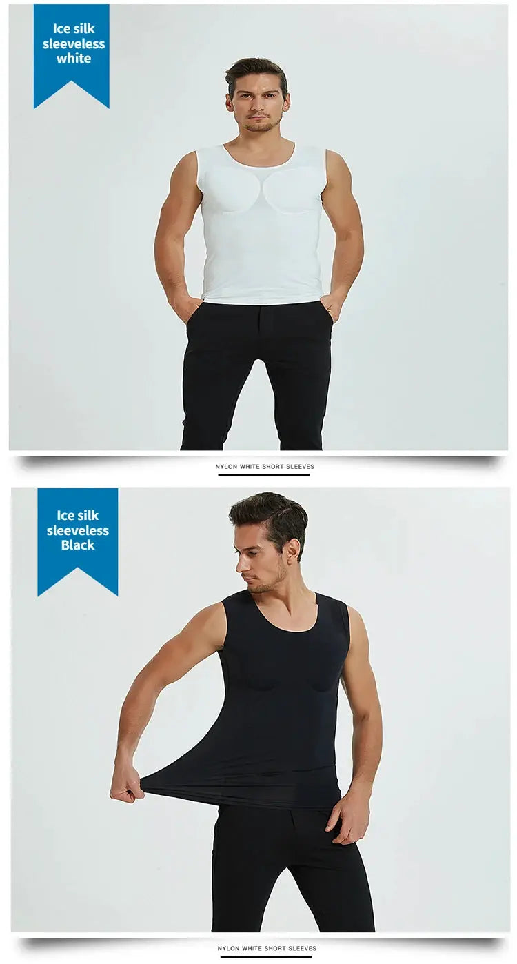 Simples Market 3D fake muscle undershirt set; ice silk sleeveless tops in white and black, two-piece 2-pack