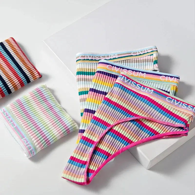Women’s cotton low-waist panties 3-piece rainbow striped set