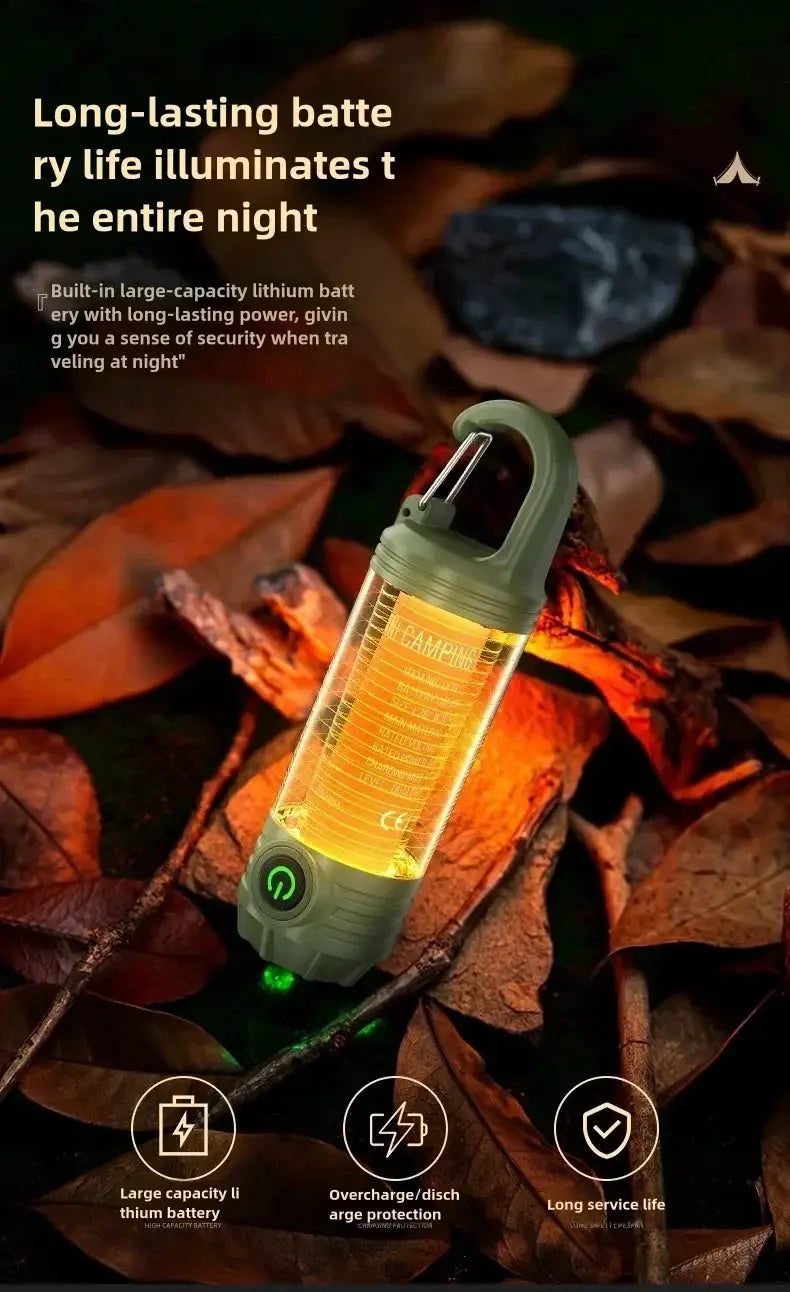 Multifunctional outdoor LED camping lantern by Simples Market, olive-green, rechargeable.