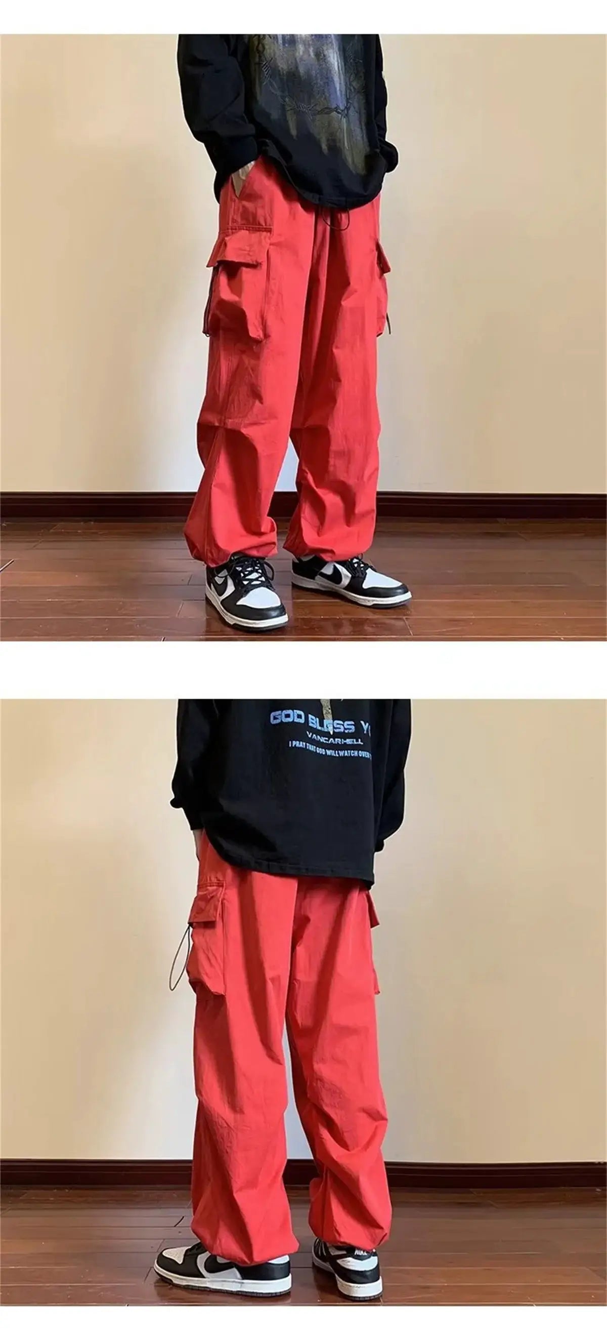 Red cargo harem pants with elastic waist and multiple pockets; loose, baggy fit.