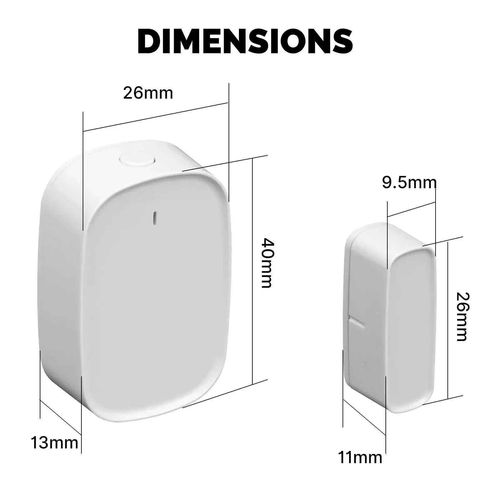 MOES ZigBee window/door sensor set in white plastic; two-piece magnetic detector with dimensions shown.
