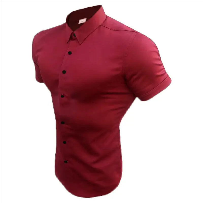 Men's slim-fit short-sleeve dress shirt in deep maroon