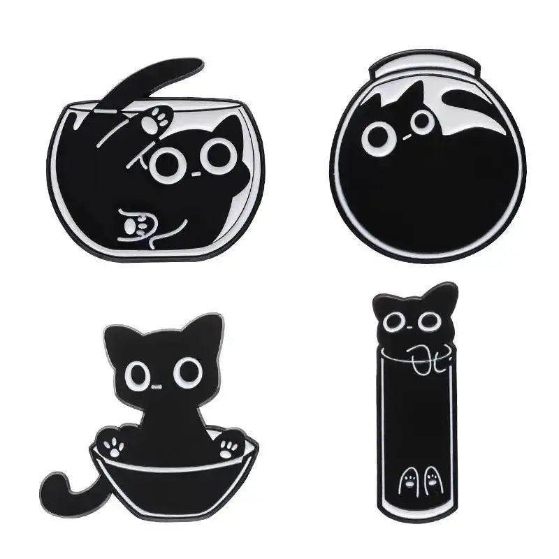 Cat Enamel Pins Set 4 To 6 Pieces Cute Black Fluid Cat Brooches Lapel Pins Jewelry Gift For Friends